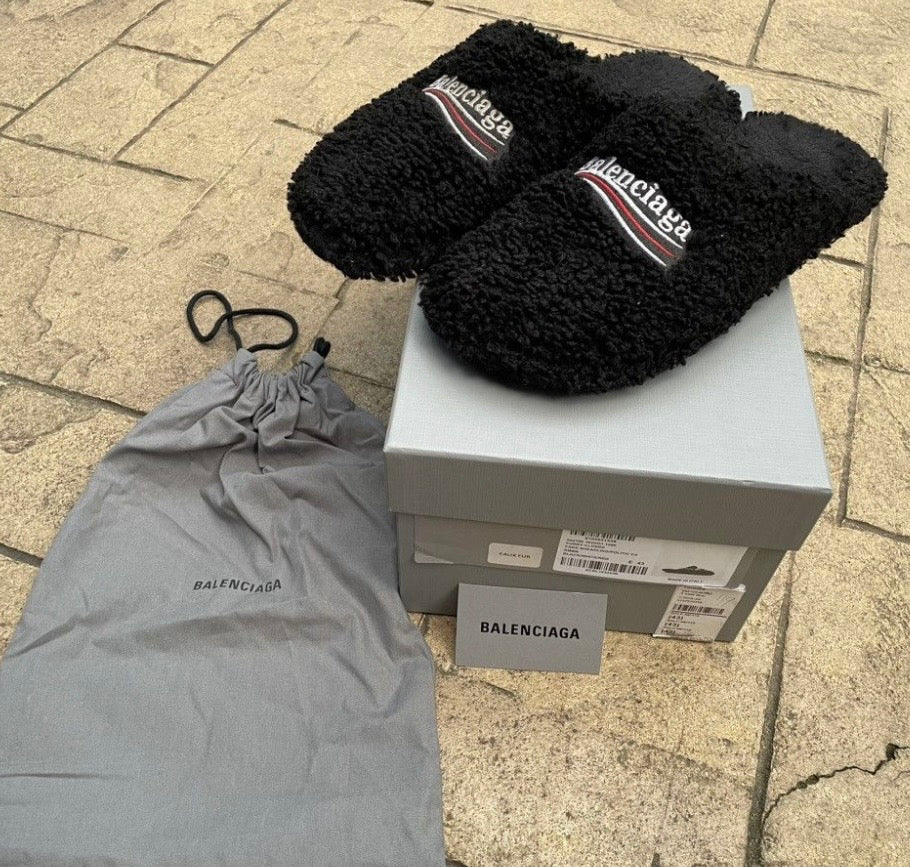 Balenciaga Political Campaign Furry Closed Toe Slippers