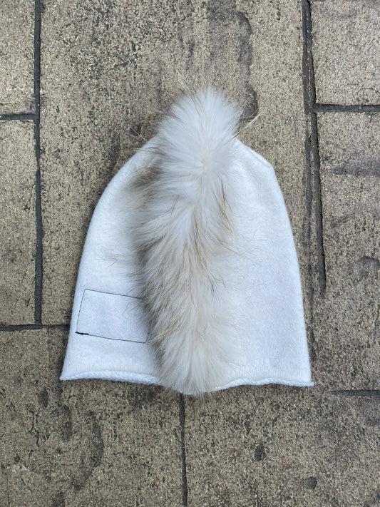 L.G.B. Le Grande Bleu Racoon Rabbit Fur Mohawk Beanie White